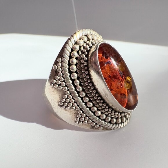VTG Sterling SIlver 925 Large Oval Amber Rope Border Statement Ring Size 9.75 - Picture 8 of 10